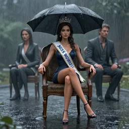 3 d unreal engine of miss of the world sitting on the chair in the rain by conrad roset and by greg rutkowski