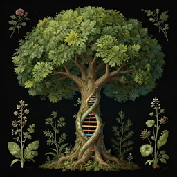 beautiful whimsical ( human dna! ) merged into fantasy ( tree of life ), botanical illustration, enchanted botany, dark background, by marianne north, medieval herbal, by android jones, digital matte painting, very coherently symmetrical