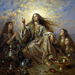 oil painting, a day in a dream, long flowing hair, ornate robe, ultra realistic, wide angle, intricate details, artifacts, luminous skies, highly detailed, michael cheval, peter mohrbacher, boris vallejo, jessica rossier, oil painting, highly detailed, cinematic lighting