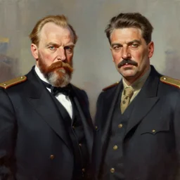 lenin and stalin, by shigenori soejima, by frank frazetta, digital painting masterpiece, beautiful brush strokes, advanced lighting technology, symmetry