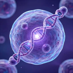 concept art, biology cell with iridescent glowing light, gene, detailed, purple and blue color scheme