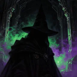 a close - up view portrait of a silhouetted supernatural wizard in brutalist halls with metallic alien technology. close - up view, detailed textures. glowing green purple fog, dark black background. highly detailed fantasy science fiction painting by moebius, norman rockwell, frank frazetta, and syd mead. rich colors, high contrast