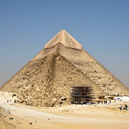 a photograph of the great pyramid of giza at the early stages of construction with scaffolding and workers, dslr high resolution