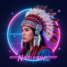 native american headdress, synthwave style neon cover design