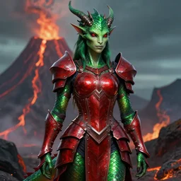 full body portrait of a dragonkin woman, in a volcano, shiny green scales, plate red armor, red reptilian eyes, high fantasy, dnd, face details, extremely detailed, smooth, sharp focus, digital illustration, by artgem, rossdraws, sakimichan
