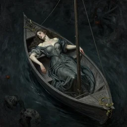 one woman one boat floating on the dead, dark mythic fantasy, art by anders zorn, wonderful masterpiece by greg rutkowski, intricate, elegant, highly detailed, digital painting, artstation, concept art, smooth, sharp focus, illustration, eerie moody brooding beautiful cinematic, thomas lawrence, artgerm, mucha, greg rutkowski