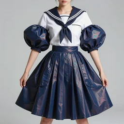 designer figure collection ball shaped accordion sleevehaute couture, sailor uniform, midi skirt, coated pleats, synthetic curves striking pose, stylized dynamic folds, cute huge pockets, volume flutter, youthful, modeled by modern designer bust, smart textiles, body fitted dart manipulation, holographic undertones, expert composition, professional retouch, editorial photography