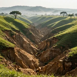 deep erosion channels, landslide, green hills savanna tree, mountains background, early morning light fog, heavy grain, high quality,