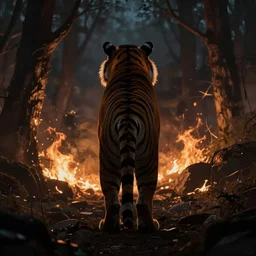 silhouette the tiger stands with its back and looks at the burning forest an night, dark, mystery, scared, fantasy, dark, highly detailed, digital painting, concept art, sharp focus, illustration, epic light, artstation