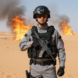 special forces in grey uniforms black armored vests and black helmets in burning mali desert, epic, by victo ngai, kilian eng vibrant colours, dynamic lighting, digital art, winning award masterpiece, fantastically beautiful, illustration, inspired by beksinski and dan mumford, trending on artstation, by greg rutkowski, 8 k