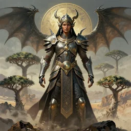 portrait of a native kerala warrior, symmetrical, sci - fi armour, on a mountain in socotra island with dragon trees, tech wear, glowing lights!! sci - fi, intricate, elegant, highly detailed, digital painting, artstation, concept art, smooth, sharp focus, illustration, art by artgerm and greg rutkowski and alphonse mucha