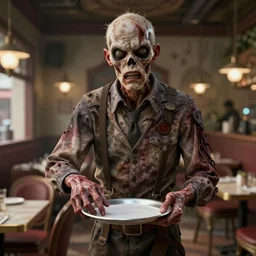 waiter angry zombie, detailled realistic portrait with detailed body, restaurant interior, feeling of grimdark horror, daytime, high contrast, ultra intricate detailed, octane render, unreal engine, style of a dusk falls