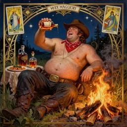 a dramatic, epic, ethereal painting of a !!!!handsome!!!! thicc chunky beefy mischievous shirtless with a big beer belly wearing a large belt and bandana offering a whiskey bottle | he is a cowboy relaxing by a campfire | background is a late night with food and jugs of whisky | homoerotic | stars, tarot card, art deco, art nouveau, intricate | by Mark Maggiori (((and Alphonse Mucha))) | trending on artstation