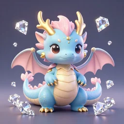 cute little dragon surrounded by diamonds, blue, light pink, gold color scheme. highly detailed, artgerm, cushart krenz, artstation, soft light, sharp focus, illustration, character design, concept art
