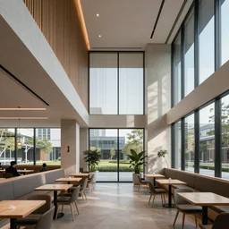 a beautiful office building cafe amenity space with sleek modern design by SOM with large windows
