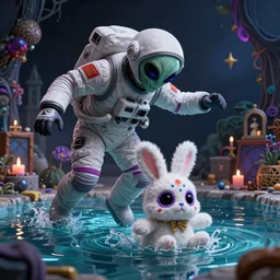 an evil alien astronaut, stalks a cute fluffy dia de los muertos bunny in a pool of water. dark dance photography, intricate detailed 8 k environment, james jean, nisachar art, mateo dineen, alessandro bavari