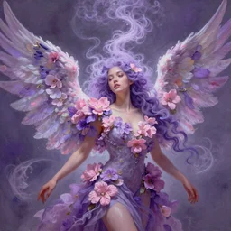 a colorful and provenance portrait painting of a fantasy angel with beautiful face and her huge vibrant and flowers wings spread out gracefully, purple and pink colors ， detailed, highly detailed, hair made of hair made of air wind and curling smoke, mist, dust, genie, spirit fantasy concept art ， art by charlie bowater and aenami, trending on artstation.