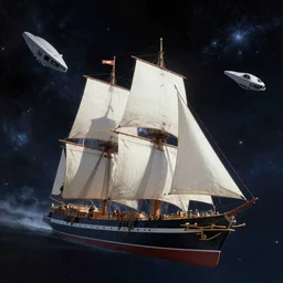 sailing ship vs starship, epic battle in the cosmos, highly intricate, epic, cinematic, futuristic, art by Tom Bagshaw