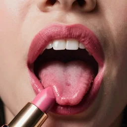 a talking pink lipstick with a mouth, tongue, realistic, detailed, pretty, octane render, studio lighting