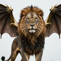 portrait of a hybrid of a male lion and western winged gold dragon, dark, beautiful, hyper-realistic, highly detailed