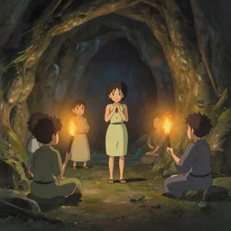 stone age rave in a cave, torchlight, serene evening atmosphere, soft lens, soft light, cel - shading, animation, in the style of cgsociety, deviantart, artstation, zbrush, cinema 4 d, studio ghibli, akihiko yoshida, atelier lulua, masamune shirow