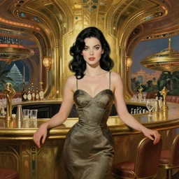 beautiful woman with black hair and green eyes. she is wearing a cocktail dress. she is in the bar of the atlantis paradise, a retro futuristic spaceship made of brass, gold, bronze, art deco influence, hotel style design. clean, well composed painting by artgerm and greg rutkowski.