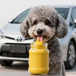 a closeup photorealistic photograph of a poodle licking a glass jar of mustard. toyota prius is in the background. professional capture. brightly lit scene. this 4 k hd image is trending on artstation, featured on behance, well - rendered, extra crisp, features intricate detail, epic composition and the style of unreal engine.