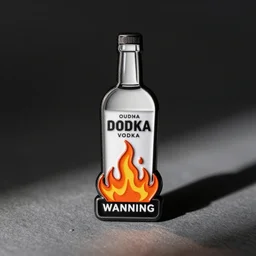 a vodka on fire flame warning label enamel pin, studio lighting, behance