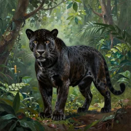 a beautiful realistic painting of black jaguar in the jungle, full body, mysterious atmosphere, vibrant colors, fantasy art style
