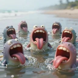 of a hazy shallow beach with weird cute happy creatures with big mouths, sinuous long tongues, and square teeth appearing from the rough waters, in the style of antonio berni, macro lens, shallow depth of field, highly detailed, digital painting, trending artstation, concept art, illustration, cinematic lighting, vibrant colors, photorealism, epic, octane render