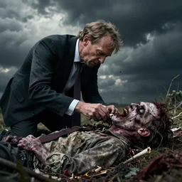 Thierry Baudet as a zombie, eating the remains of what appears to be Geert Wilders