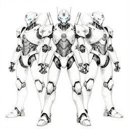 a highly detailed line drawing of 1 0 futuristic robotic warriors by kim jung gi