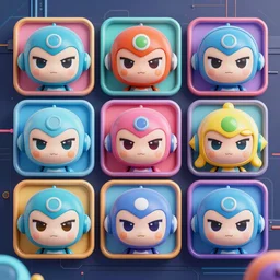 3 rows of 3 framed closeup colorful 3 d - rendered face portraits of cute evil robots from mega man, with a futuristic mechanical background.