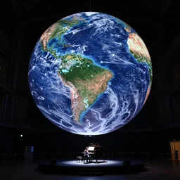 public art installation about liquid planet in space. projected on single big suspended sphere inside giant and dark printworks london venue. generative visuals. interactive art. piano live music concert stage design