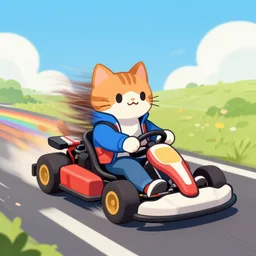 digital illustration of a cat with wind blowing through his jacket, driving a kart through rainbow road, 4K