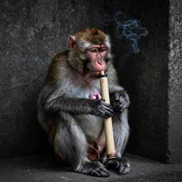 a monkey with six legs smoking bong in dark corner