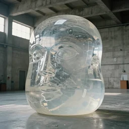 huge transparent jell form in style by anish kapoor, in the parts by shih chieh huang, in a large concrete hangar, film still from the movie directed by denis villeneuve with art direction by zdzisław beksinski, close up, telephoto lens