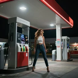 Woman on gas station at night, beautiful dynamic lighting, cinematic, wide angle establishing shot, extremely high detail, photo realistic, cinematic lighting, post processed, concept art, artstation, matte painting, style by frederic church, raphael lacoste, unreal engine 8k