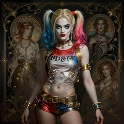 of Harley Quinn, dark fantasy, medium shot, intricate, ornate, elegant, highly detailed, digital painting, volumetric light, artstation, concept art, smooth, sharp focus, illustration, art by Gil elvgren and charlie bowater and greg rutkowski and alphonse mucha