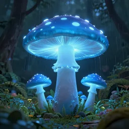 A huge glowing blue mushroom inside a rainforest, digital art