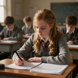 Katniss Everdeen as a student, in an exam hall, sitting at a desk, doing her A-Level exams, stock photo