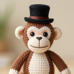“a close up shot of a tiny knitted monkey with a top hat”