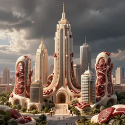 city buildings made of meat and tissue, living structures, hyper - realistic digital art