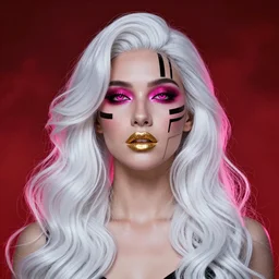 portrait of a woman, high sharpness, zeiss lens, fashion photo shoot, neon shadows, long white wavy hair, gold lipstick, red smoke background, they have gasoline on their face, neon eyes, black lines, ralston crawford, georgia totto o'keeffe,, artistic, beautiful face, octane rendering