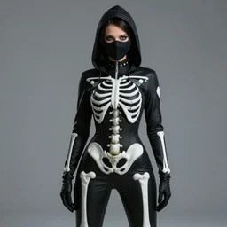 female assassin, wearing a skeleton catsuit, a hoodie, and a mask, by nikolay makovsky.