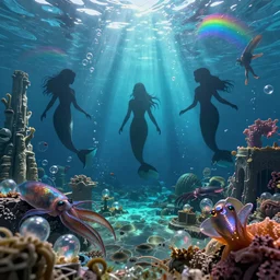 Vivid ultra realist and ultra intricate detailed 3d render of an underwater environment with mermaids silhouettes, squids, ruins, translucid eggs, bubbles, elegant, reflections, focus, volumetric water, rainbow lighting, award winning, trending in cgsociety artstation deviant art, octane render, by Beeple