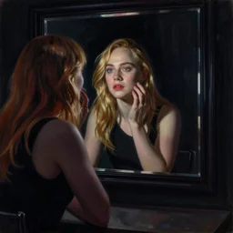 Elle Fanning gazing in a mirror, pitch black room, extremely detailed masterpiece, oil on canvas, low-key neon lighting, artstation, Blade Runner 2049, Roger Deakin’s cinematography, by J. C. Leyendecker and Peter Paul Rubens,