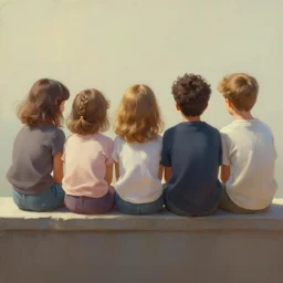 beautiful painting, back view of friends sitting on the edge, cute, soft light, digital painting by diane arbus and ralph mcquarrie and harry bertoia octane render