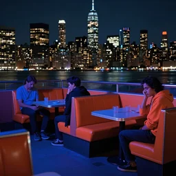 fluorescent blue, dark orange by etel adnan daring. the land art shows four people sitting in a diner late at night. the people in the land art look tired & lonely. the land art is set in new york city & shows the city's skyline in the background.
