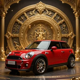 red Mini Cooper S, in style of Dark Souls 3, insanely detailed and intricate, golden ratio, elegant, ornate, luxury, elite, ominous, haunting, matte painting, cinematic, cgsociety, James jean, Brian froud, ross tran, Laputa, vivid and vibrant